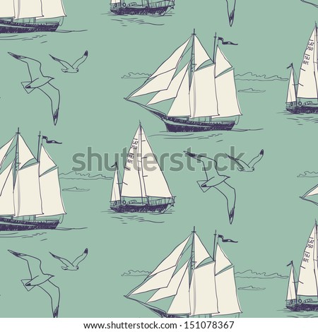 The yacht sail the ocean. Seamless pattern