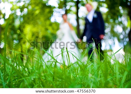 blurry silhouettes of newlyweds looking through the grass