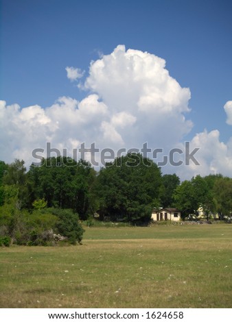 a green meadow and trees beneath a bright cloudy blue sky, a small house in the distance