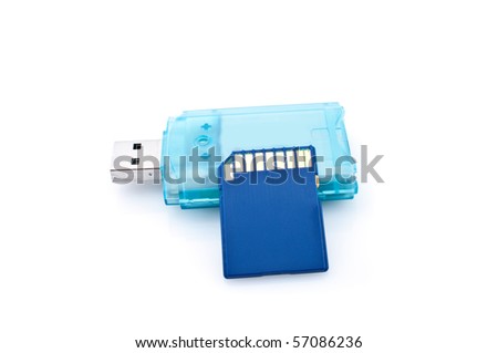 Blue card reader and memory card  on white background