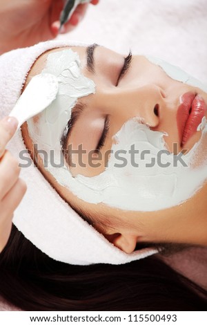 Beauty treatment in spa salon. Woman with facial clay mask.