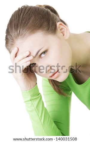 Young sad woman, have big problem or depression, over white background