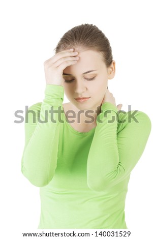 Young sad woman have big problem ,depression or headache , over white background