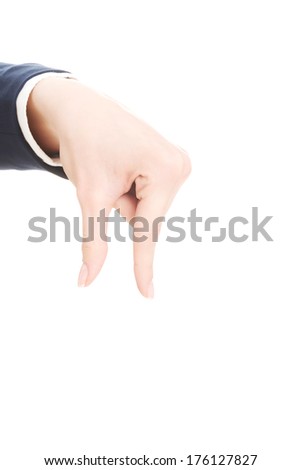 Woman\'s hand showing copy space between fingers. Isolated on white.