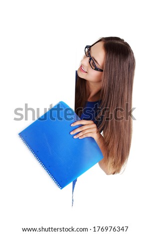 Happy beautiful student woman with blank board. Student or businesswoman.