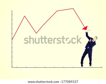 Scared businessman defend himself from falling graph, isolated on white background