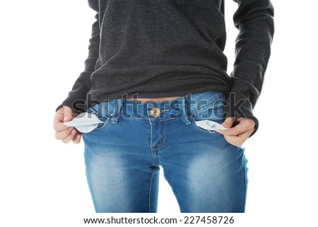 Young woman with empty pockets
