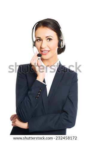 Portrait of call center woman talking to customer.