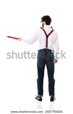 Funny man wearing suspenders pointing with big pencil.