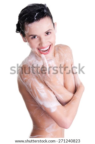 Portrait of young sexy woman with soap foam.