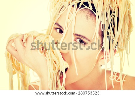 Young person eating tasty noodles