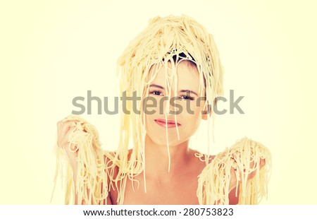 Beautiful woman with a messy noodles on her head