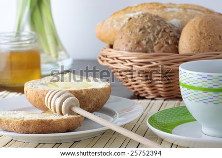Fresh bread With Honey, cup of coffee And Green Apples