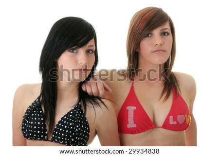 stock photo Two teen friends girls sisters in bikini swimsuits isolated 