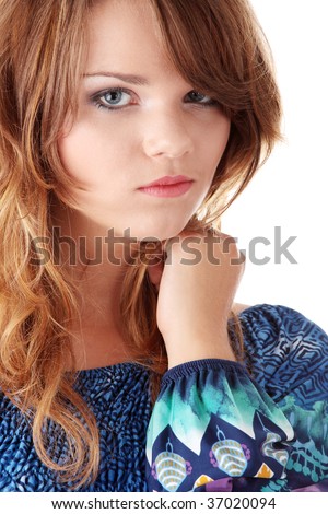 stock photo Teen girl in blue dress and blue stockings isolated