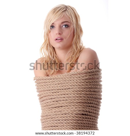 stock photo The beautiful blond girl tied with rope kidnapping concept