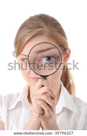 The woman with a magnifier in a hand on the isolated background