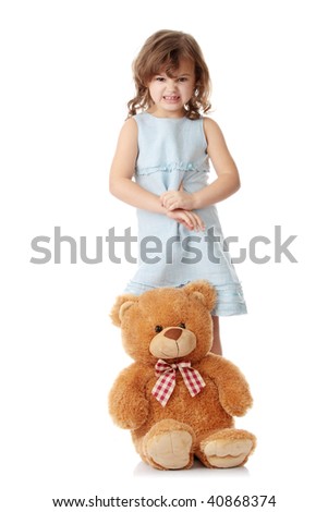 Portrait of a 5 year old girl with teddy bear isolated on white background