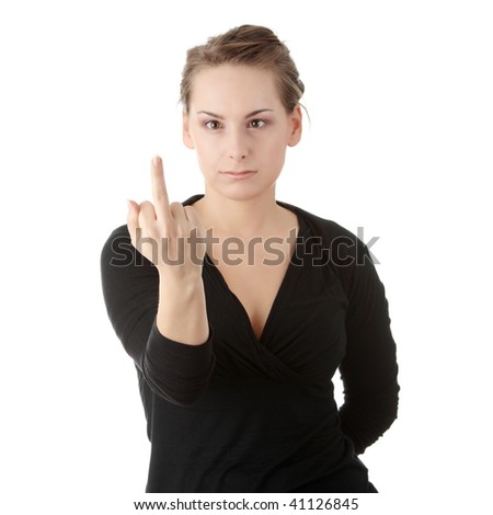 stock photo : Angry girl showing middle finger.Isolated on white