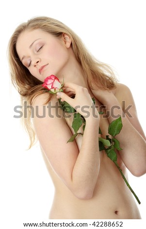 stock photo Sensual portrait of young nude sexy blond woman with red and