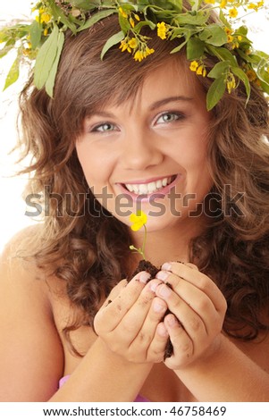 Spring woman with wreath on head isolated on white background