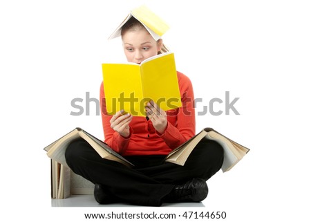 Young student woman with books all over her body, isolated on white
