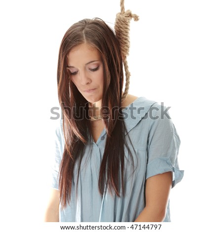 Young caucasian woman going to be hanged - stock photo
