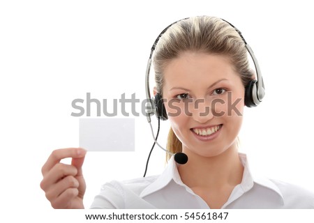 stock photo Call center woman with headset showing business card