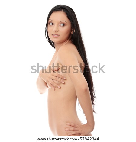 Nude caucasian woman covering herself, isolated on white background