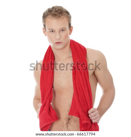 stock photo Handsome young naked man with red towel around his neck