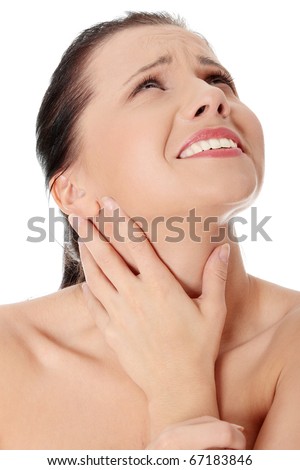 stock photo Throat pain concept Young woman with touching her throat