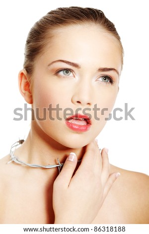 Throat pain concept. Young woman with barbed wire around her throat. Isolated on white background.