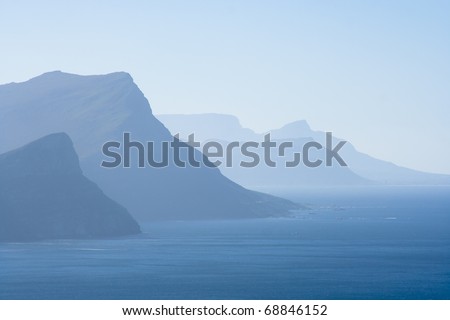 View from Cape of Good Hoop. In the late afternoon the mountains and ocean blend in a blueish atmosphere.