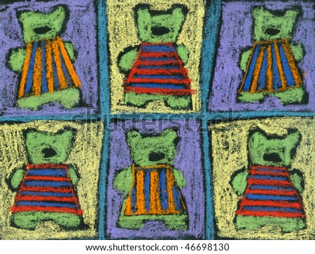 Hand drawing,  soft bears in striped dresses