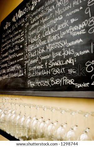 blackboard with  wine list and  wine glass below