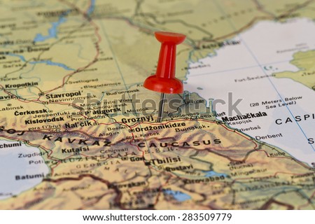Grozny (spelt Groznyj) marked with red pushpin on map. Selected focus on Grozny and pushpin.