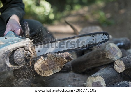 Closeup shot of a working chainsaw cutting into log. Shallow focus, sawdust flying around work area. Male hands operating the chainsaw and some cut up logs can be seen near work area.