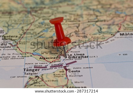 Gibraltar marked with red pushpin on map. Selected focus on Gibraltar and pushpin. Pushpin is in an angle.