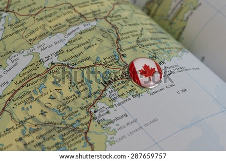 Halifax marked with national flag pushpin on map. Selected focus on Halifax and pushpin.