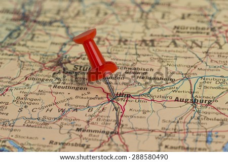 Ulm marked with red pushpin on map. Selected focus on Ulm and pushpin. Pushpin is in an angle.
