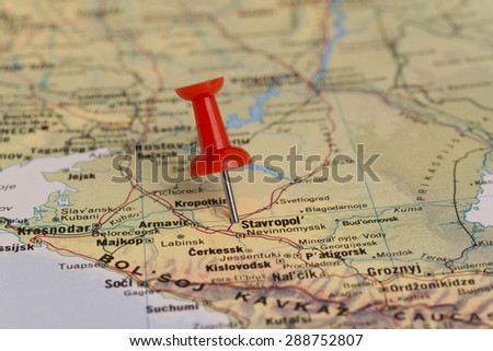 Stavropol marked with red pushpin on map. Selected focus on Stavropol and pushpin.