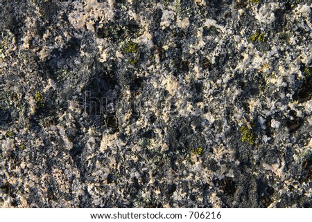 Closeup shot of natural granite with occasional spots of moss and lichen. Taken for its texture -- suitable for 