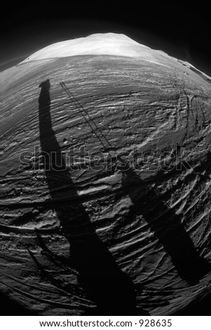 Fisheye shot of a skiing slope in the alps -- looks like the surface of the moon.