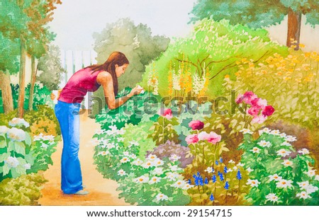 An original watercolor painting of a young girl taking pictures in a flower garden.