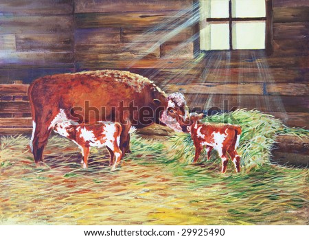 Light radiates through a barn window on a cow and her newborn twin calves.  An original oil painting on canvas.