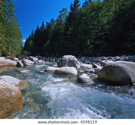 Snow melt fills a river with cool water in North Vancouver Canada