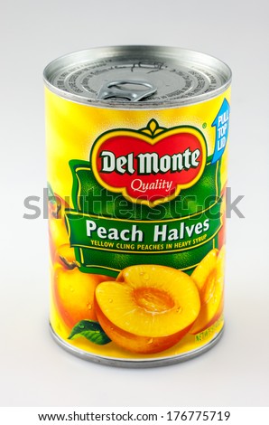 Deland, Fl, Usa - February 13, 2014: A Can Of Del Monte Canned Peaches. A Popular Brand Of Canned Fruit.