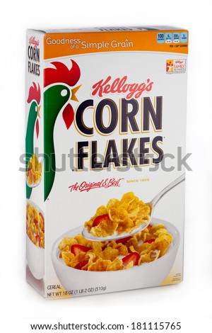DeLand, FL, USA - March 7, 2014: Kellogg\'s Corn Flakes remains a top draw in morning breakfast cereals.  Kellogg\'Ã?Ã?s uses a unique treatment of corn, a process patented on April 14, 1896.