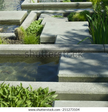 Urban garden water feature of concrete and vegetation