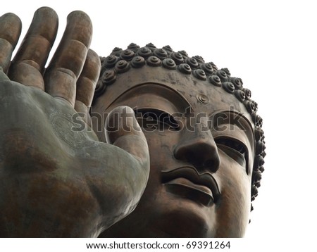 Close up of Tian Tan Buddha with details of hand - The worlds\'s tallest outdoor seated bronze Buddha located in Lantau Island, Hong Kong, China